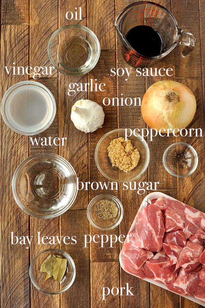 All of the ingredients needed to make instant pot pork adobo.