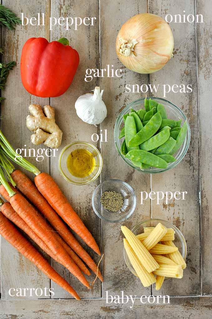 All of the ingredients needed to make vegetable stir fry.