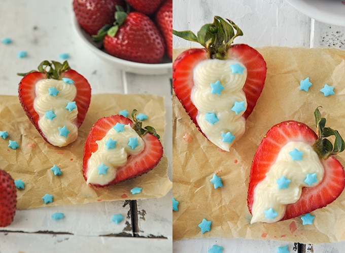 Strawberry cheesecake bites sprinkled with edible blue stars instead of chocolate chips to make Independence Day strawberries.