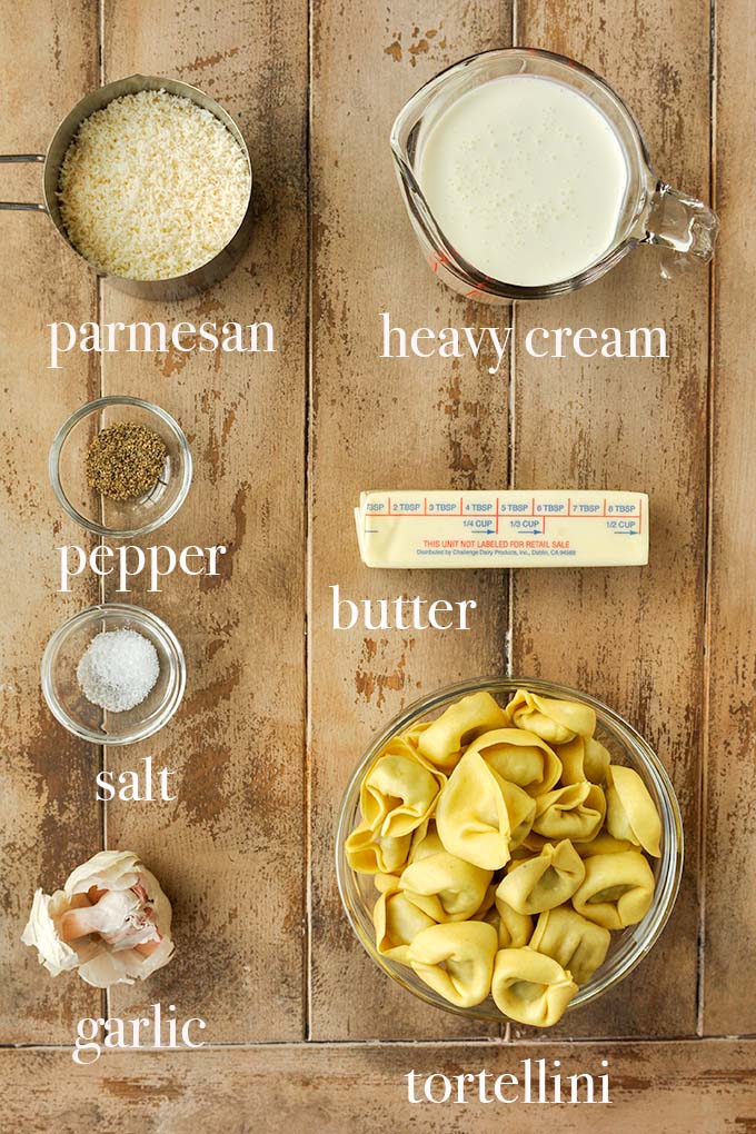 All of the ingredients to make tortellini alla panna.