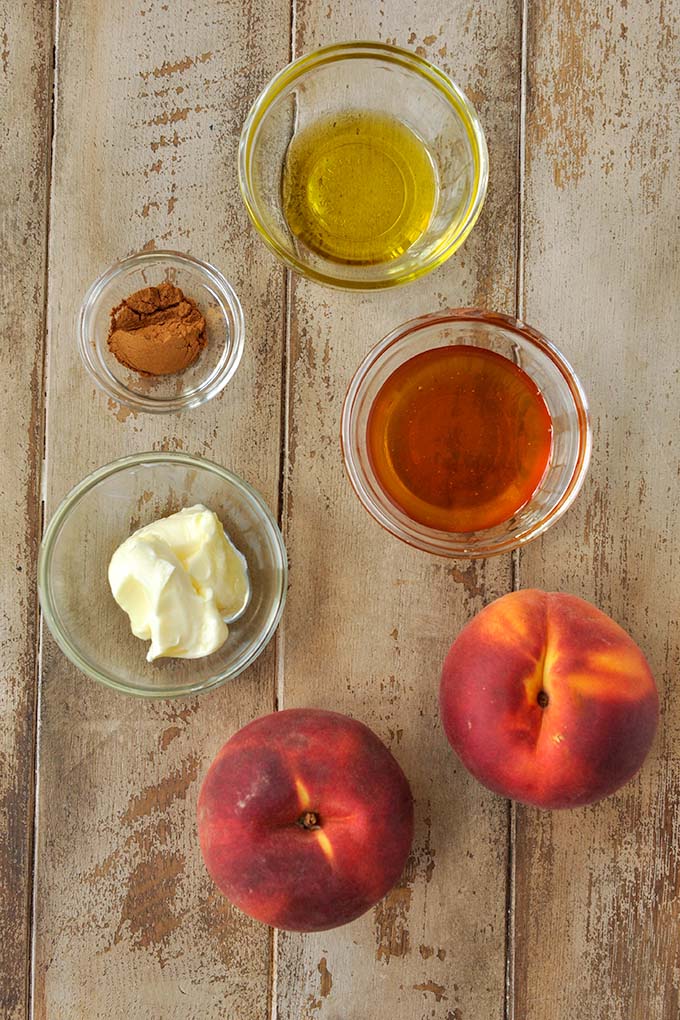 All of the ingredients to make air fried peaches.