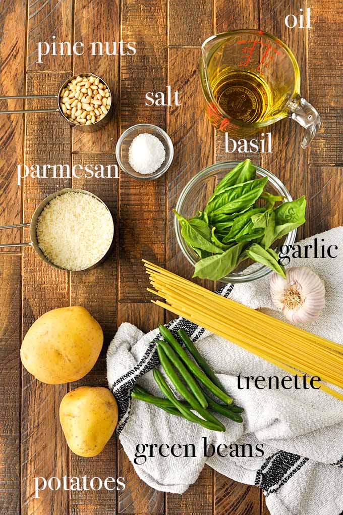 All of the ingredients needed to make trenette al pesto.