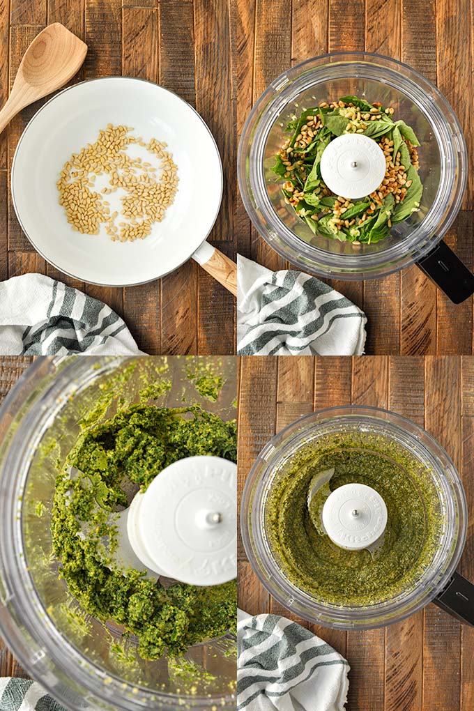 All of the steps needed to make pesto for pasta.