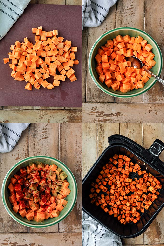 Step by step instruction of how to roast sweet potatoes in the air fryer.