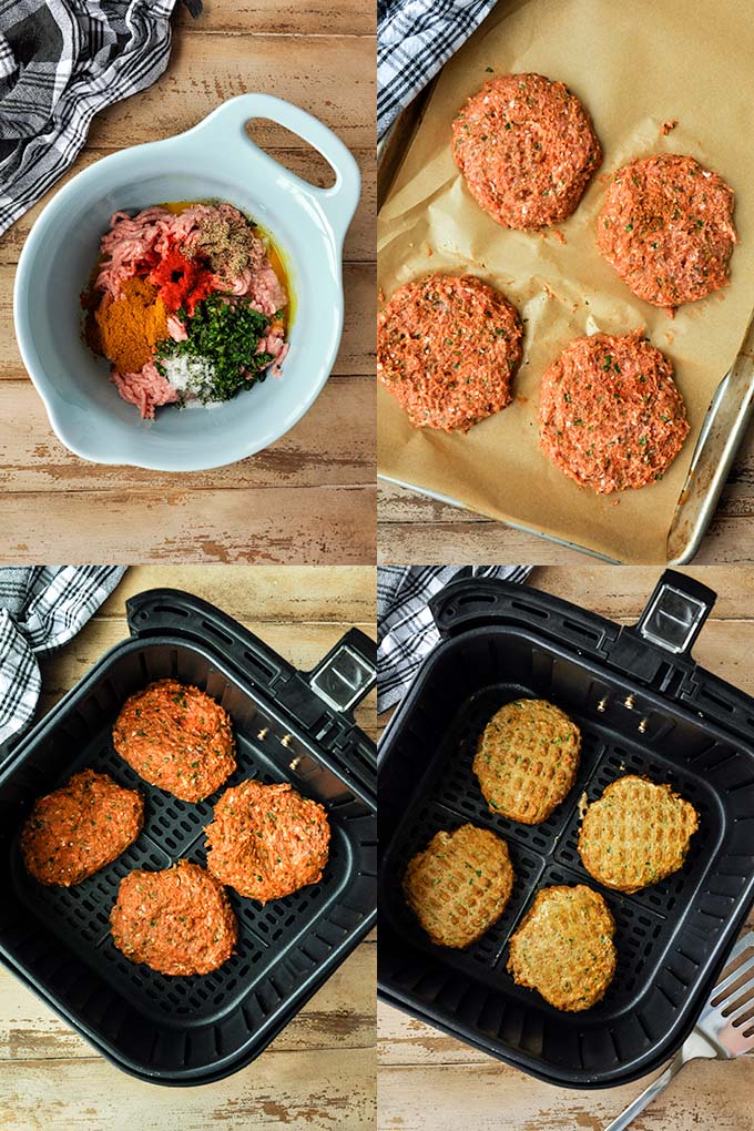 Step by step instructions of how to make turkey burgers in an air fryer.