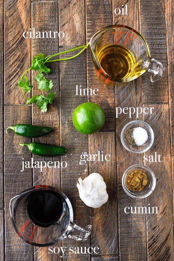 All of the ingredients needed to make the marinade for the steak.