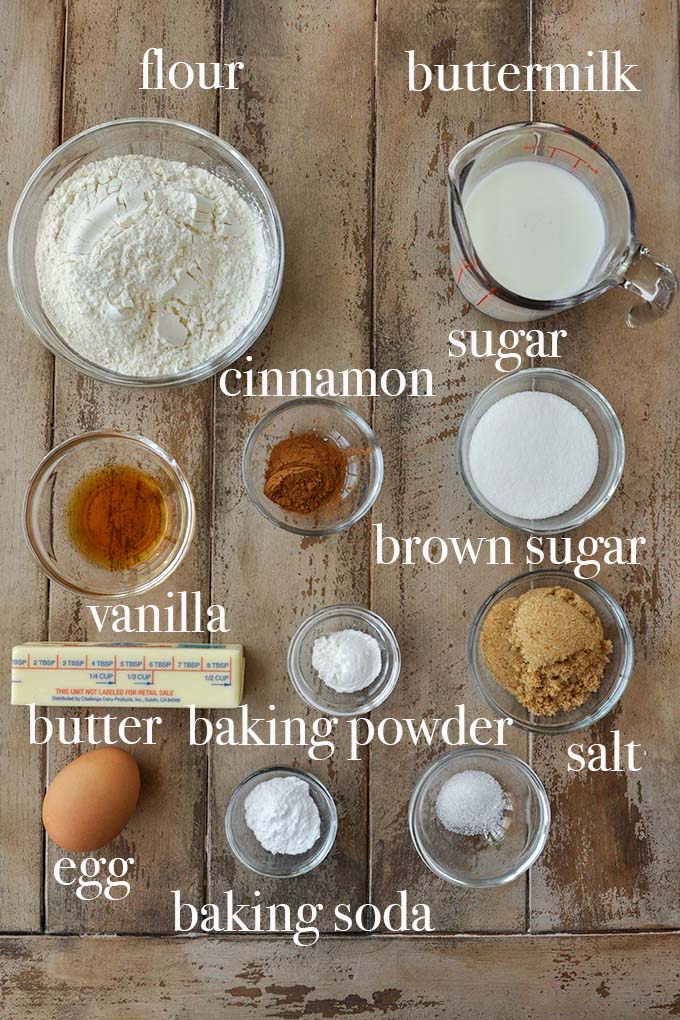 All of the ingredients to make cinnamon roll pancakes.
