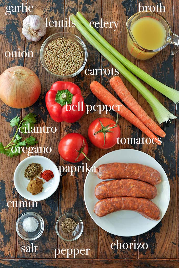 All of the ingredients to make this lentil soup.