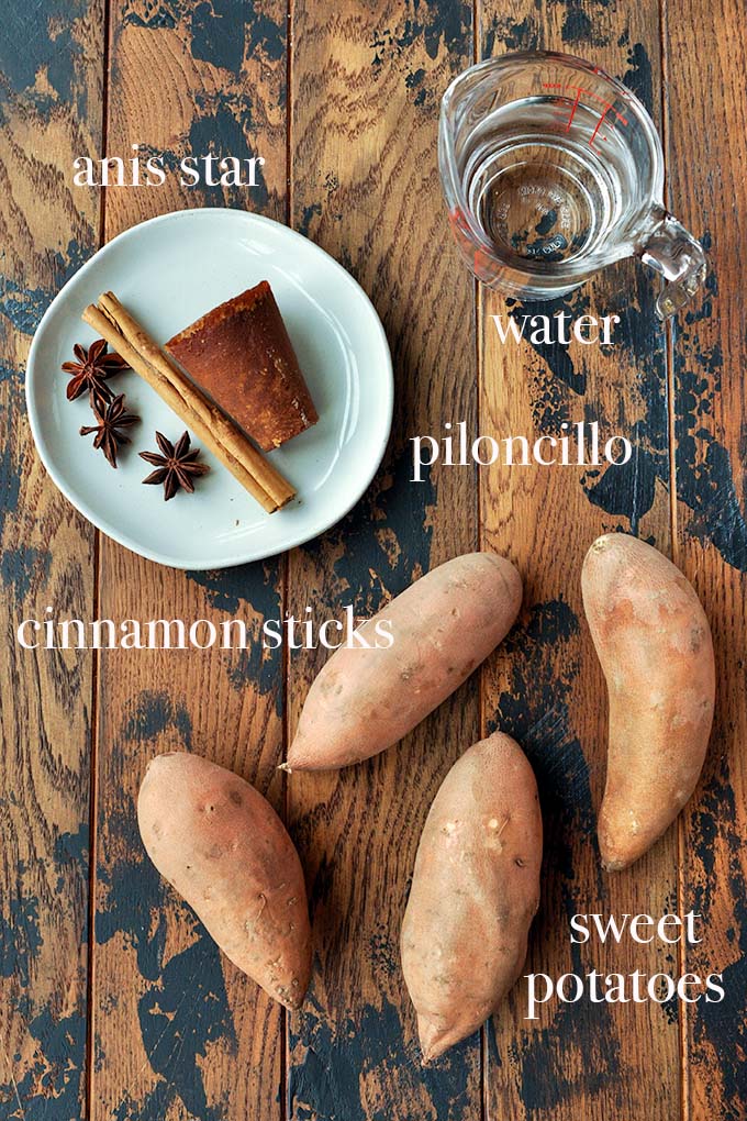 All of the ingredients needed to make camote en dulce.