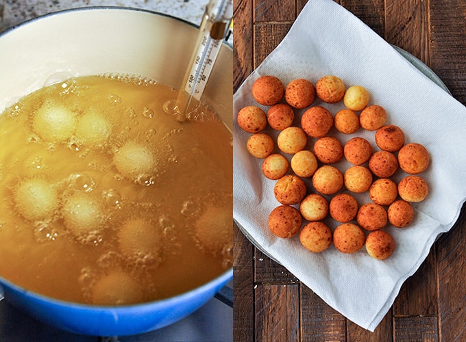 Step by step instructions of how to deep fry buñuelos.