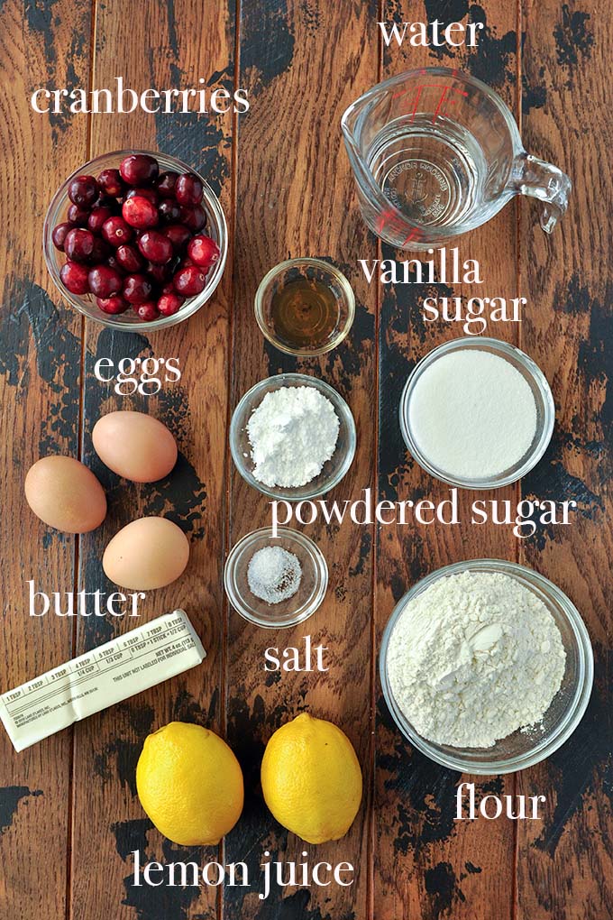 All of the ingredients needed to make cranberry bars.