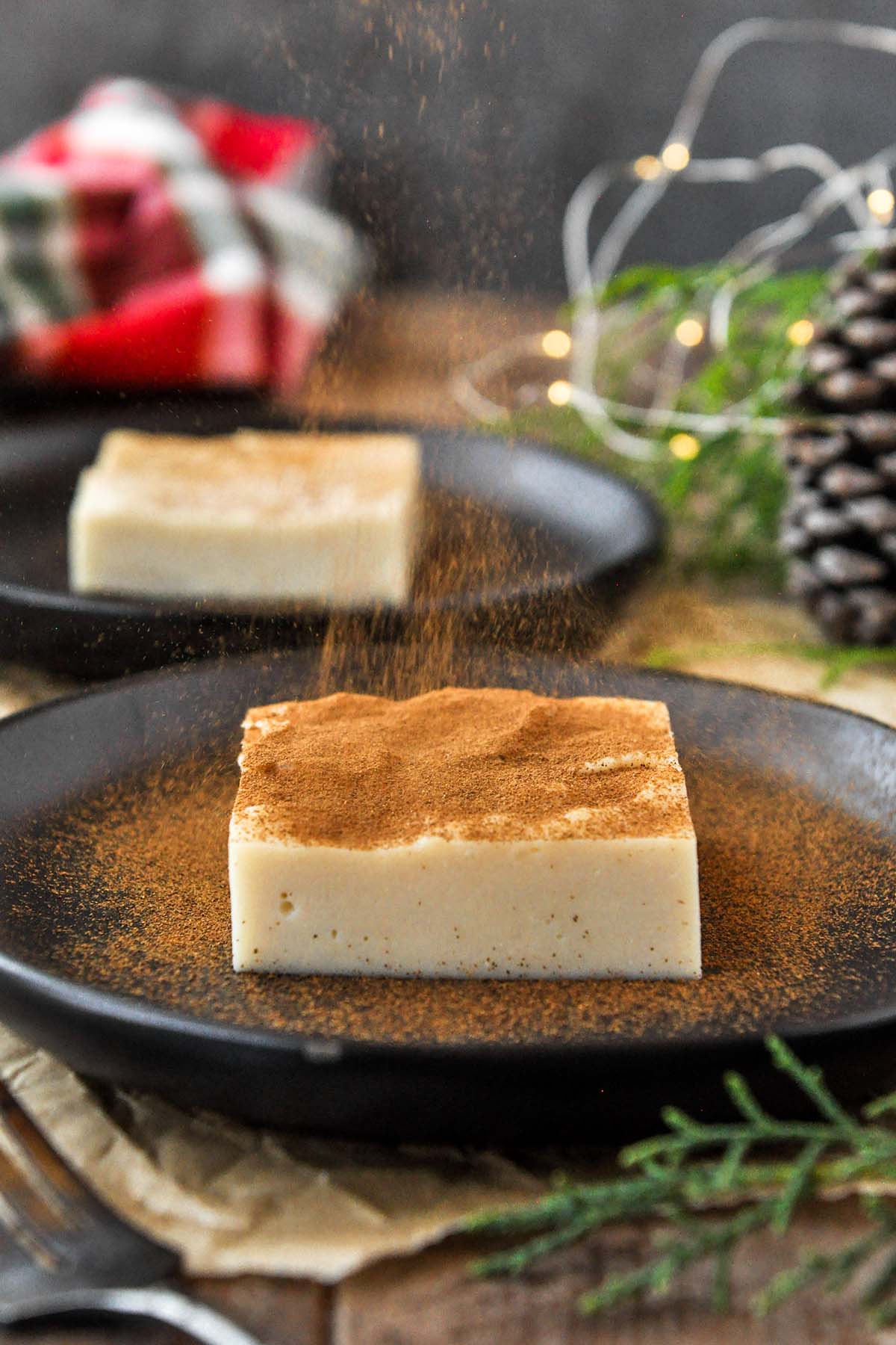 A sprinkling of cinnamon being added to a square of natilla.