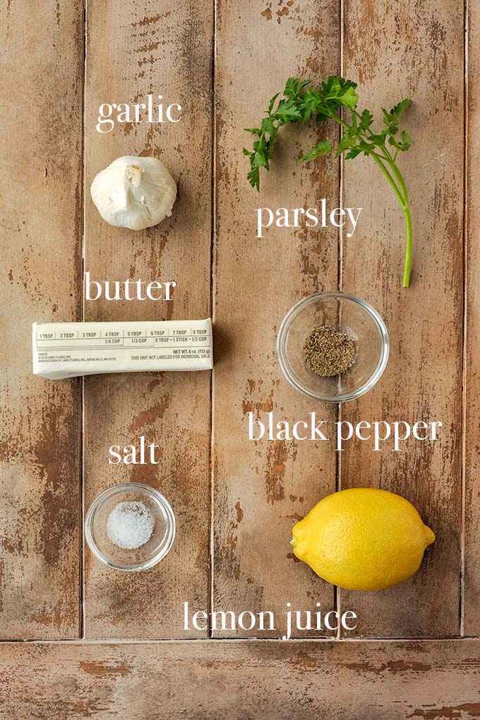 All of the ingredients to make garlic butter lemon sauce.