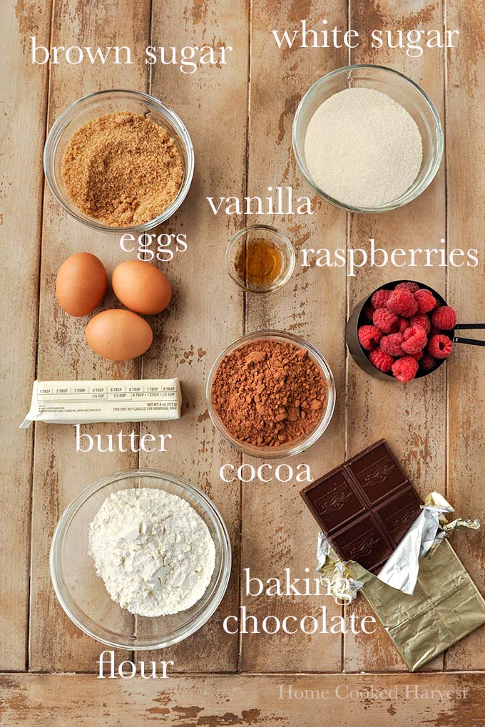 All of the ingredients to make raspberry brownies.