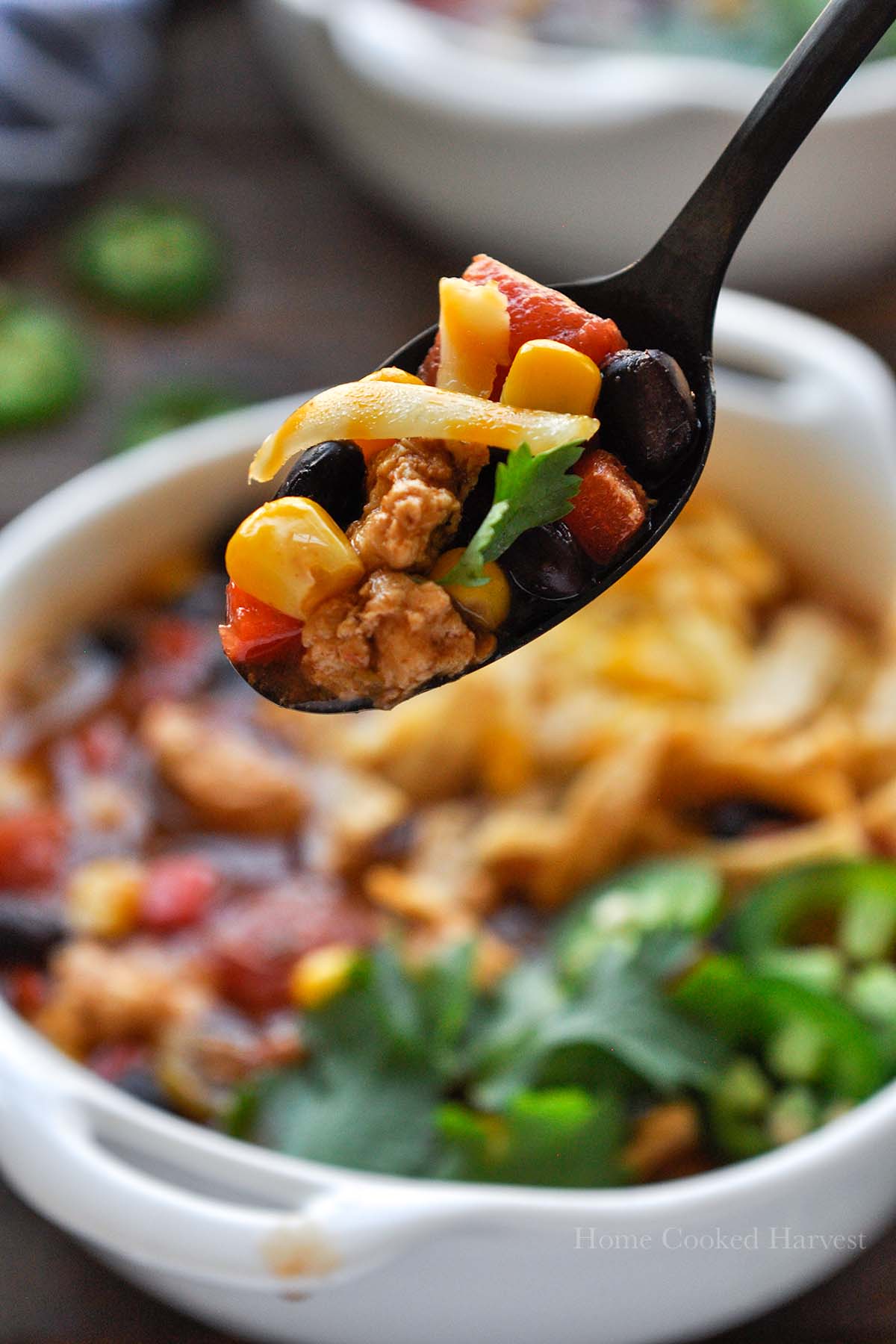 An up close spoon full of taco soup.