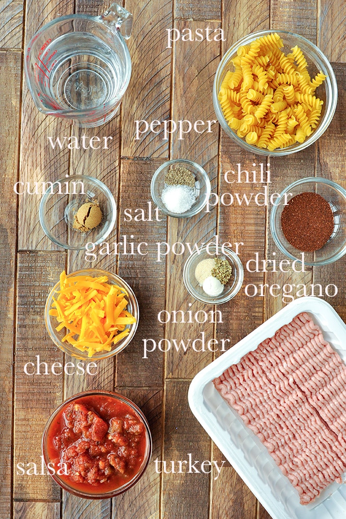 All of the ingredients needed to make taco pasta.