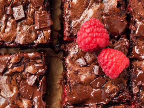 Raspberry and white chocolate brownies - tart, juicy raspberries