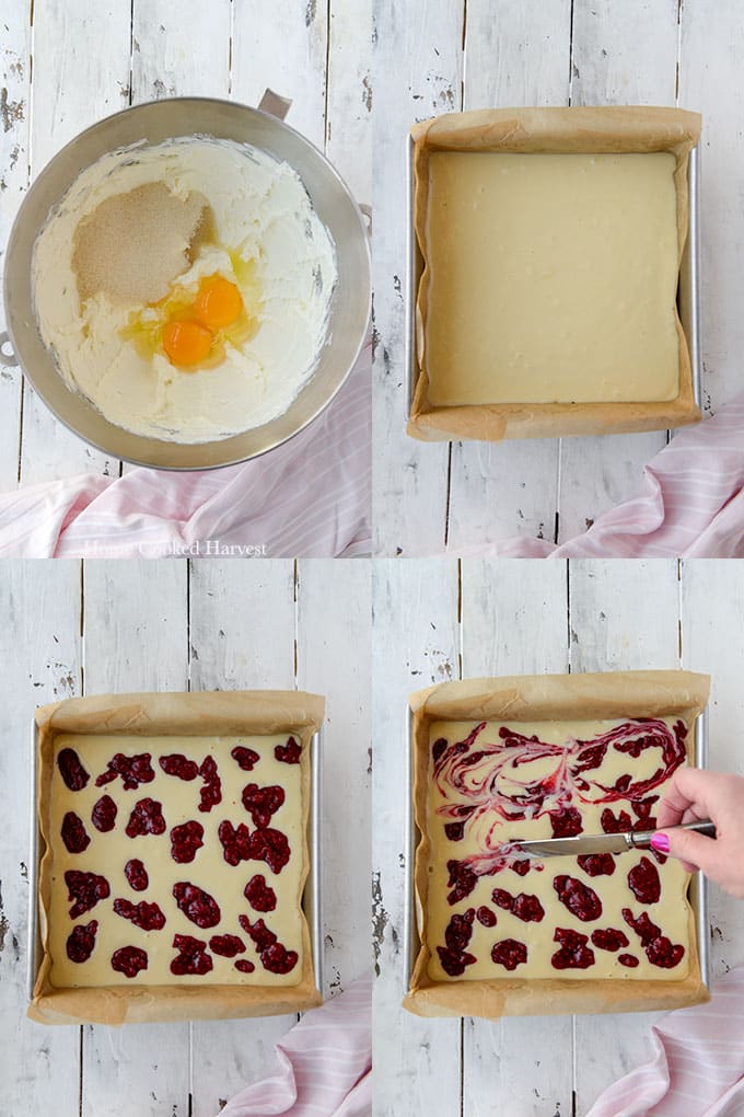 Step by step instructions to make the cheesecake layer and the raspberry swirl.