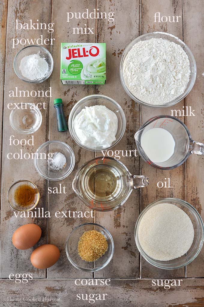 All of the ingredients needed to make pistachio muffins.