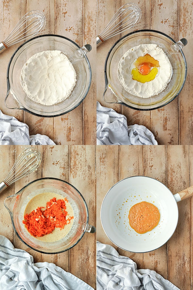 Step by step instructions to make carrot pancakes.