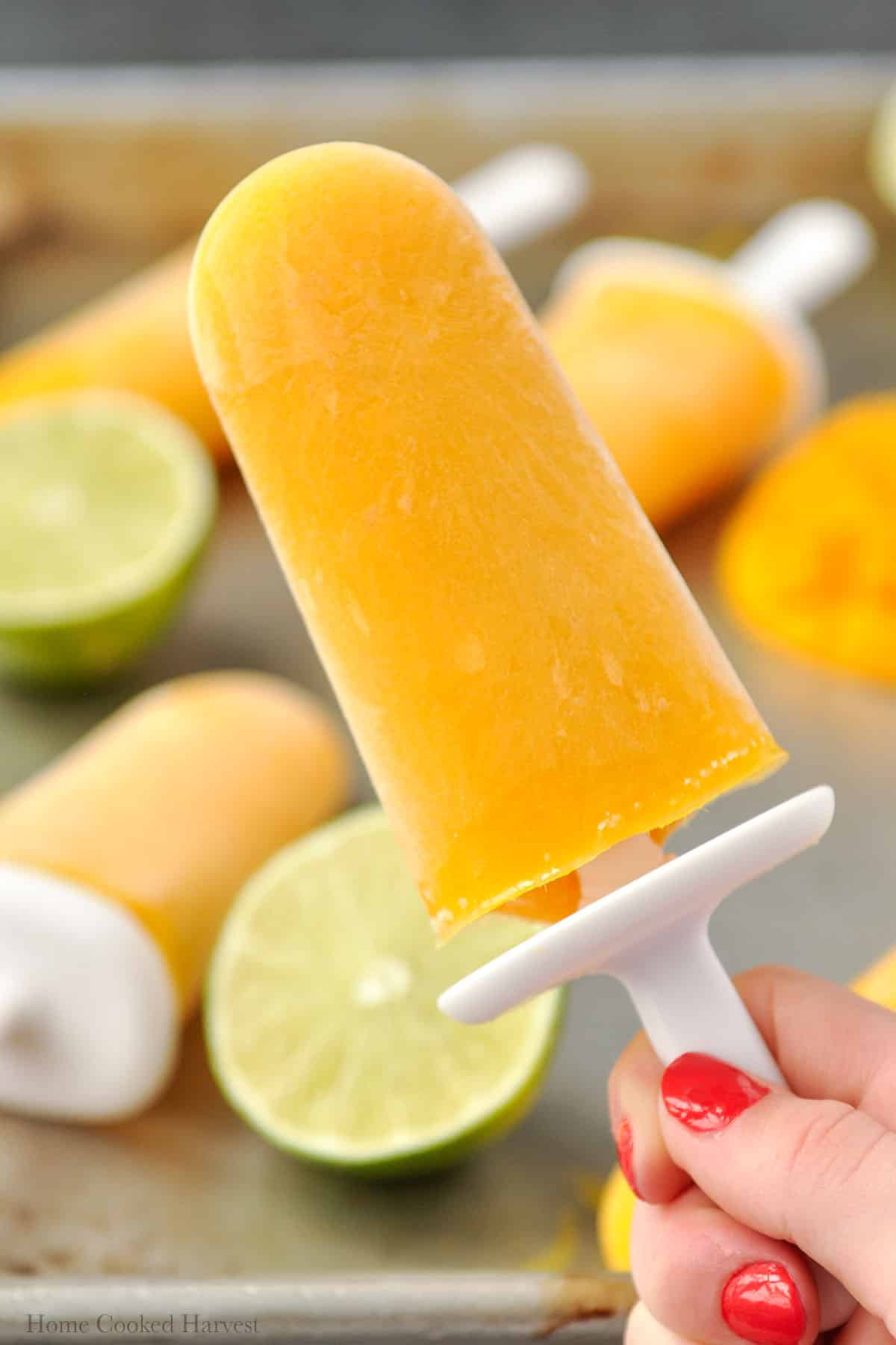 Up close of a paleta de mango being held.