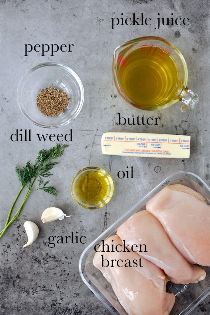 All of the ingredients to make dill pickle chicken breast.