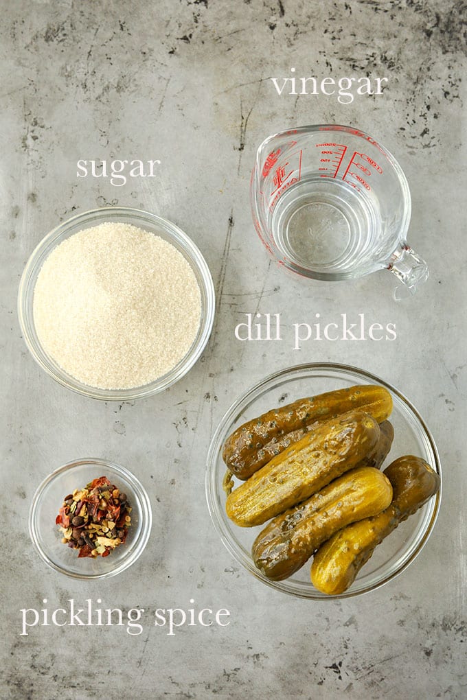 All of the ingredients to make sugared pickles.
