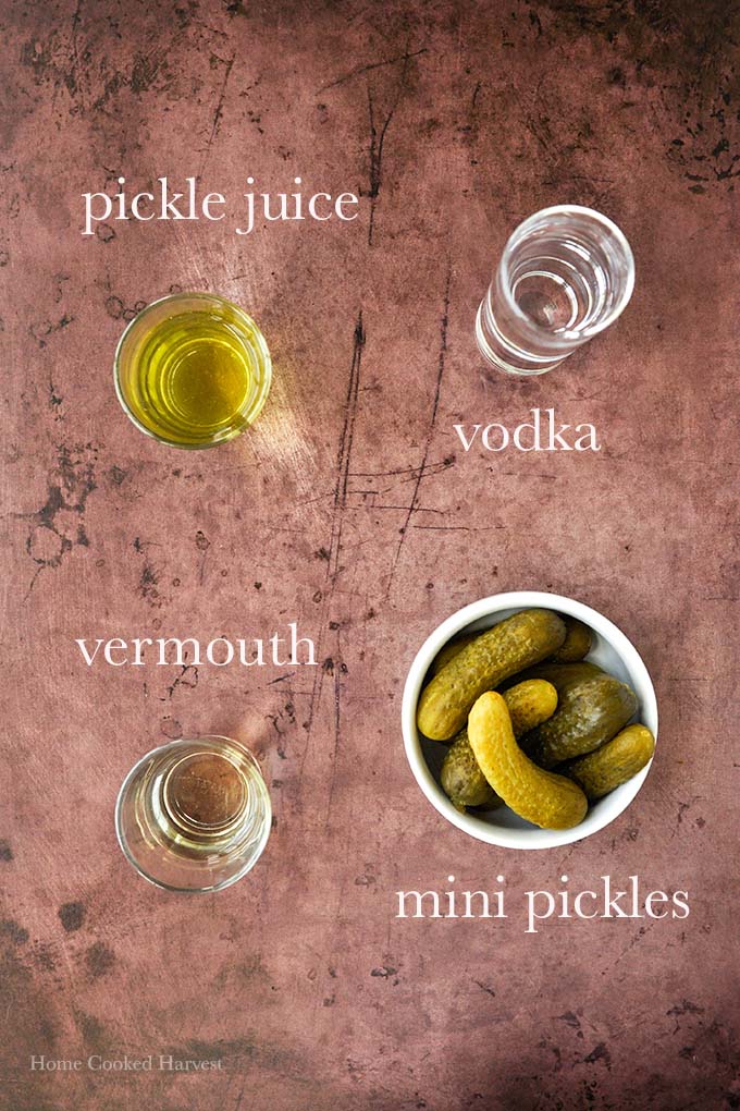 All of the ingredients to make pickle martini.