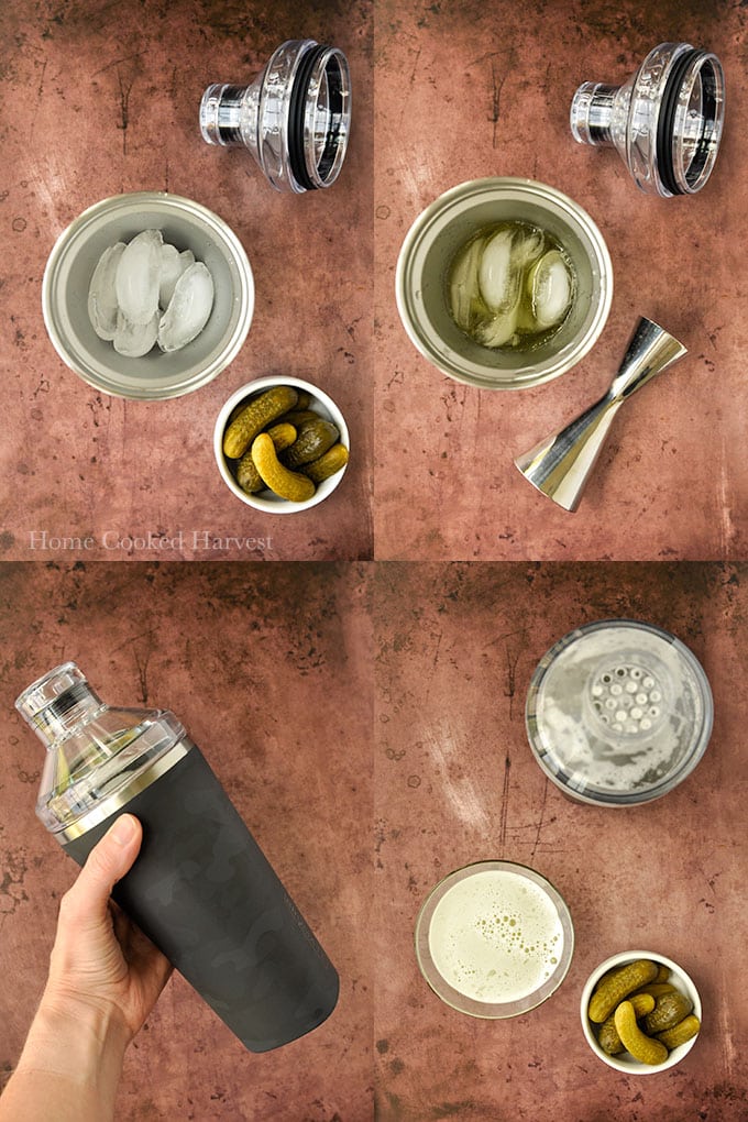 Step by step instructions to make dill pickle cocktail.