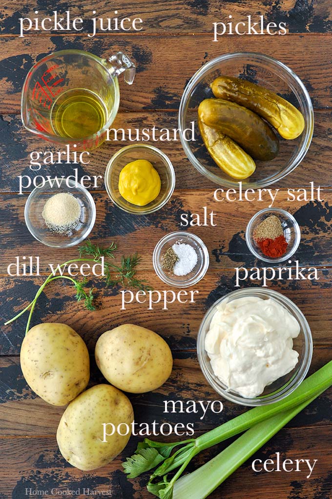 All of the ingredients to make pickle potato salad.