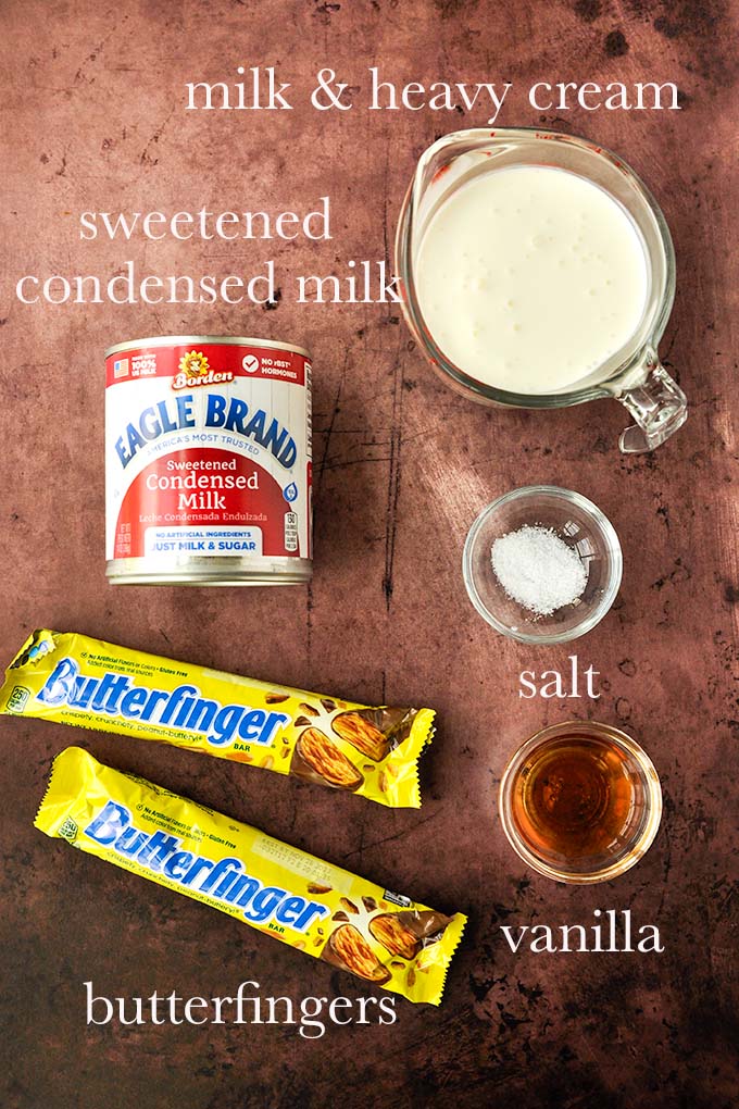 All of the ingredients needed to make butterfinger ice cream.
