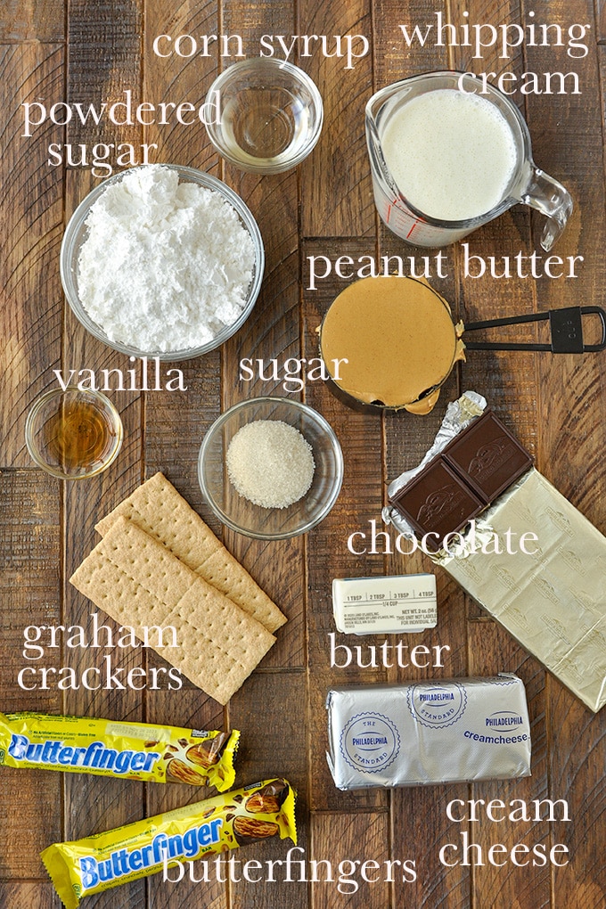All of the ingredients needed to make butterfinger pie.