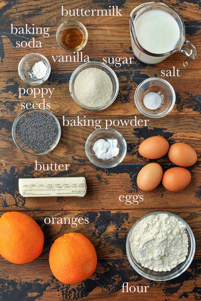 All of the ingredients to make the orange poppy seed cake.
