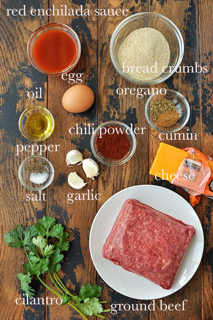 All of the ingredients needed to make meatballs.