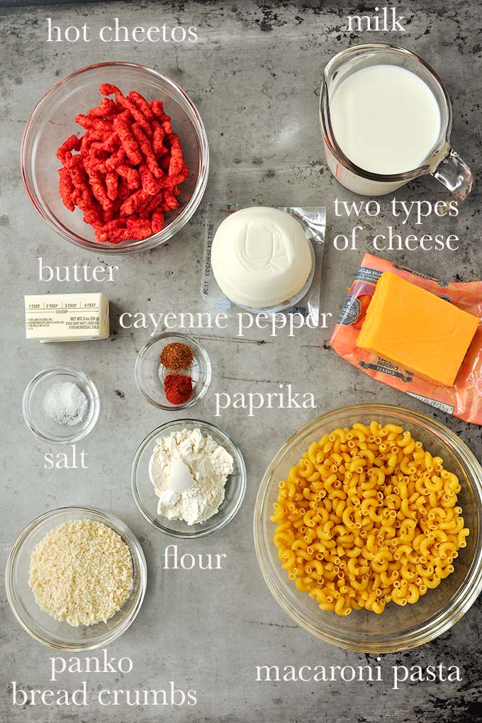 All of the ingredients needed to make Cheeto macaroni and cheese.