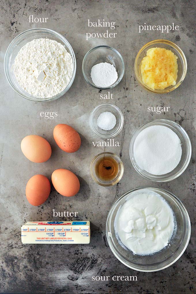 All of the ingredients needed to make this pound cake.