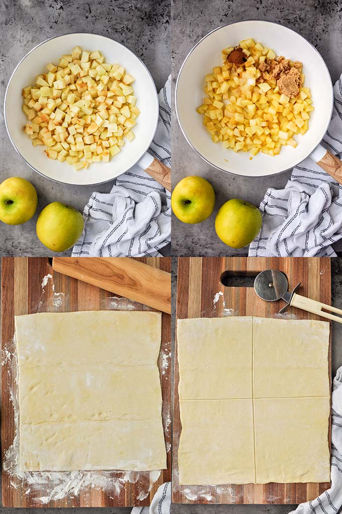 First four steps to make apple pastry.