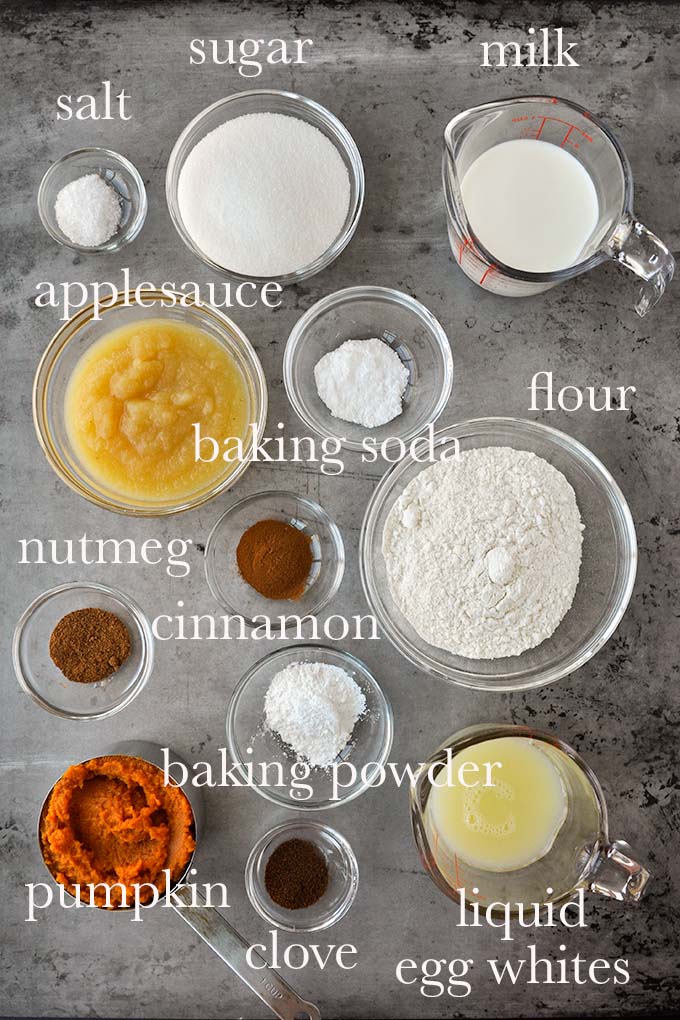 All of the ingredients needed to make pumpkin muffins.