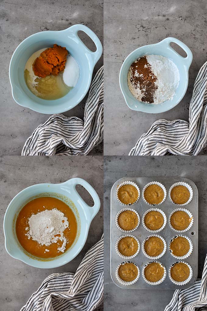 Step by step instructions to make pumpkin muffins.