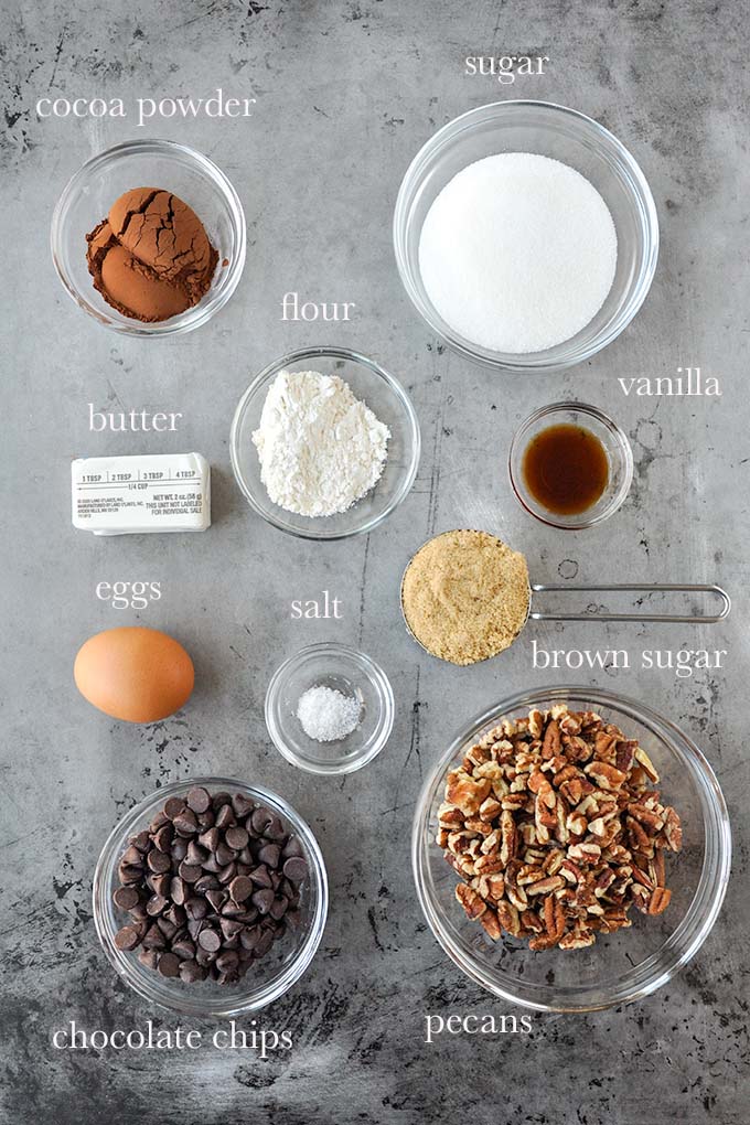 All of the ingredients needed to make pecan pie brownies.