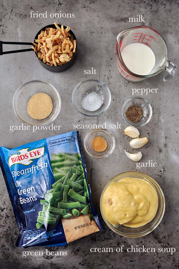 All of the ingredients needed to make this green bean casserole.
