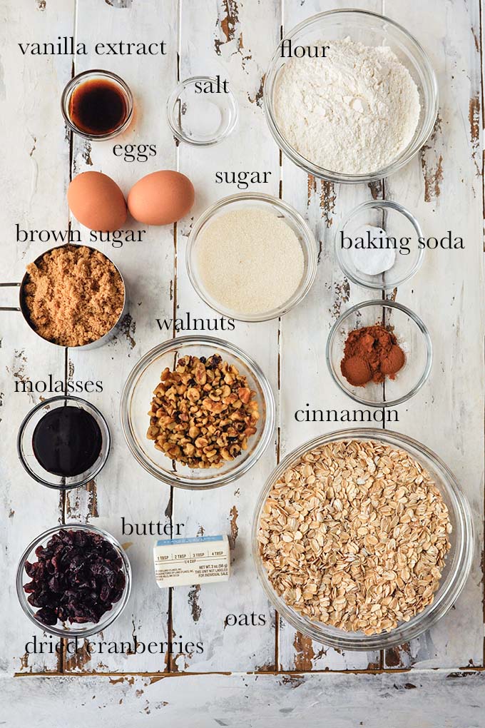 All of the ingredients to make cranberry oatmeal cookies.