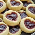 Up close of heart jam cookies.