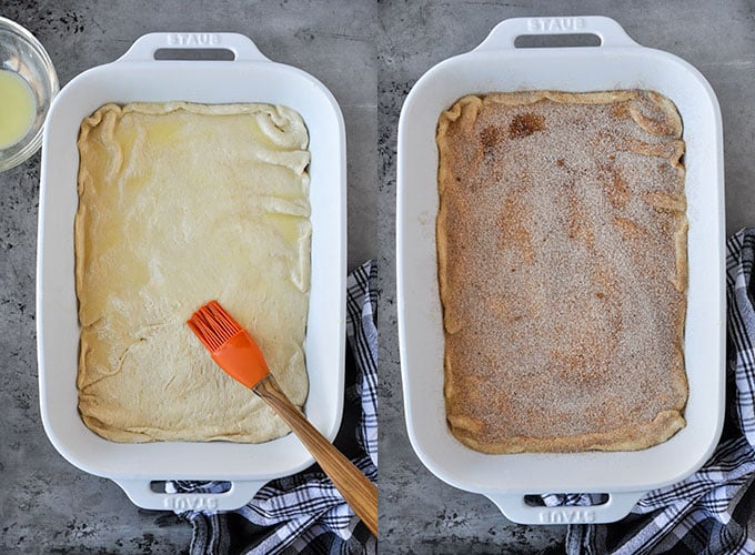 The last two steps of making cream cheese cinnamon bars