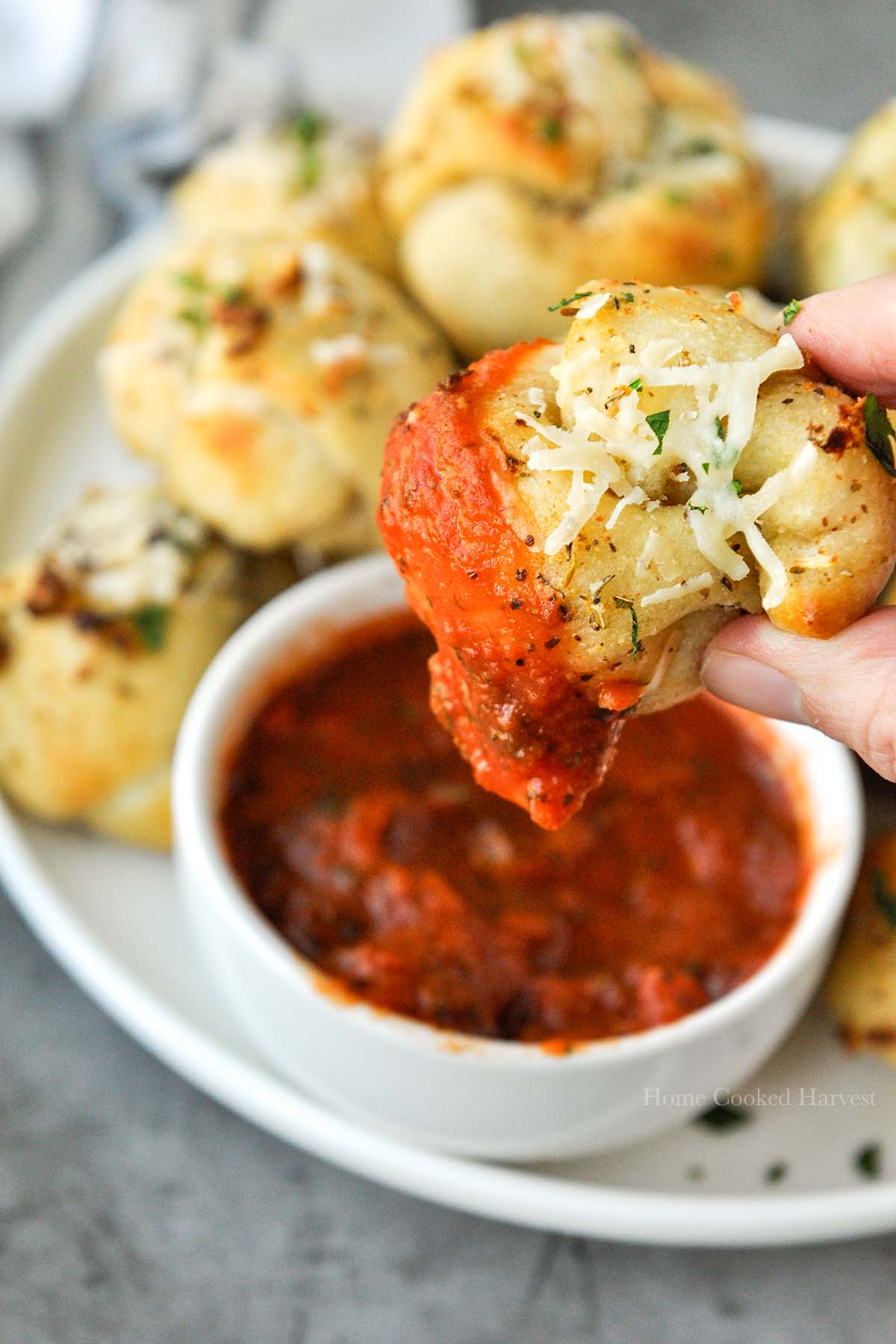 A garlic knot that has been dipped into marinara sauce and is being held above a plate of other buns.