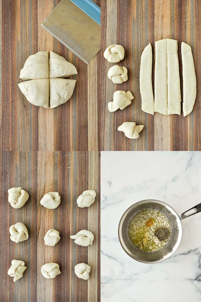 First four instructions on how to make garlic knots.