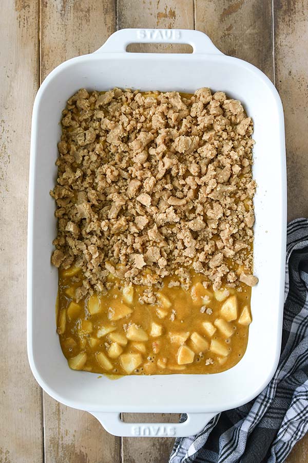 The final step is the crumble sprinkled on the top of the wet batter in the rectangular cake pan. 