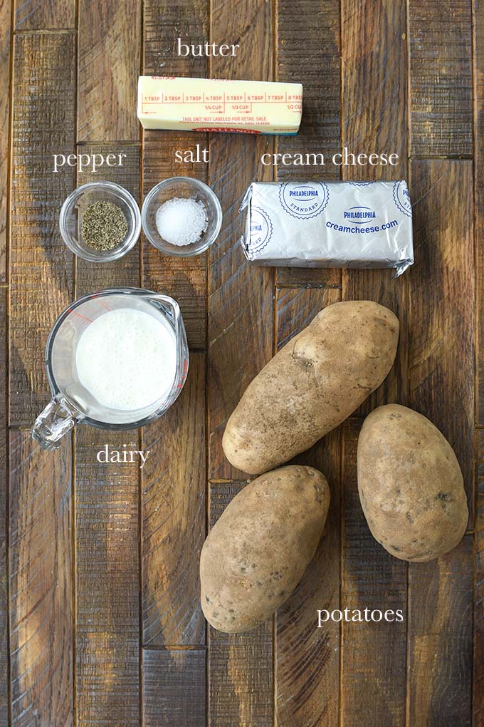 All of the ingredients needed to make mashed potatoes.