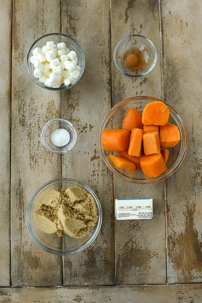 All of the ingredients needed to make candied sweet potatoes.