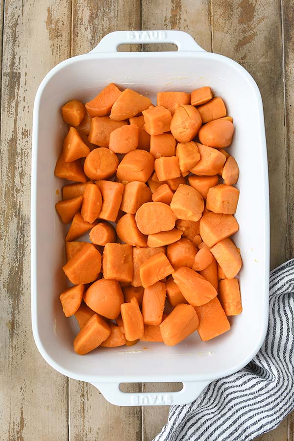 Step two is the sweet potatoes in a baking dish.